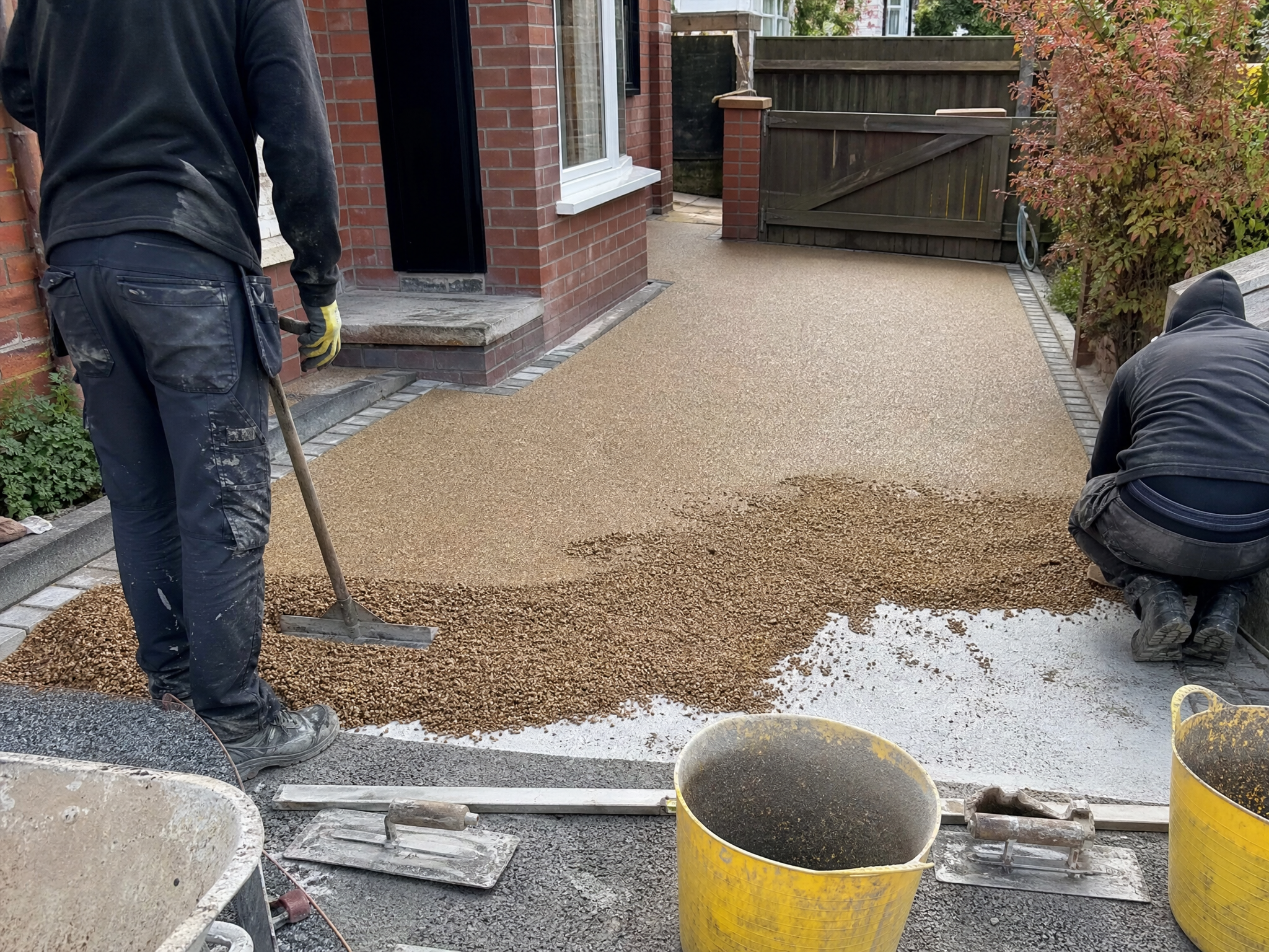 Overview of resin patios & paths work in progress at a British residential property