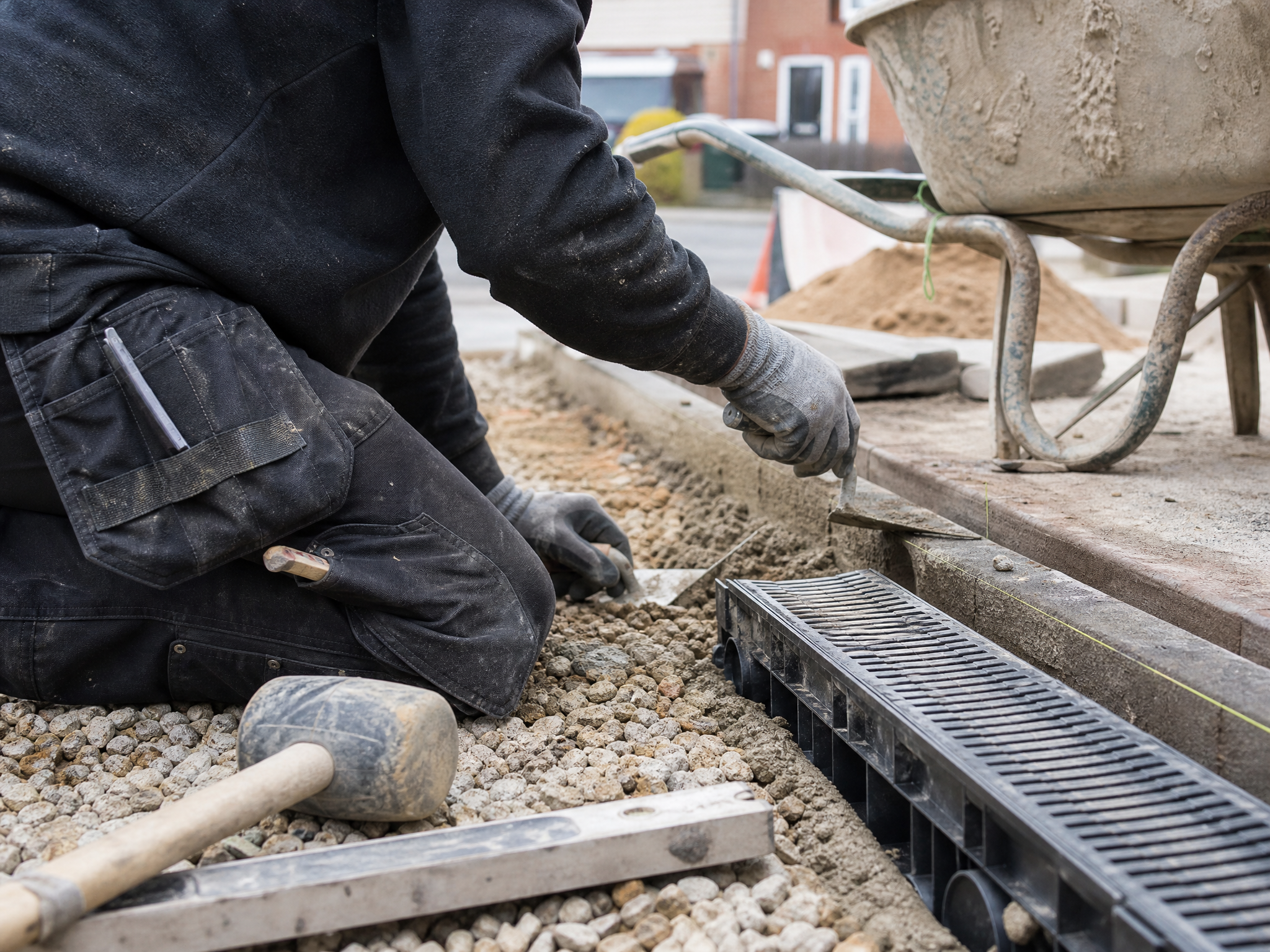 Professional installer carrying out driveway groundwork & drainage in a British residential property