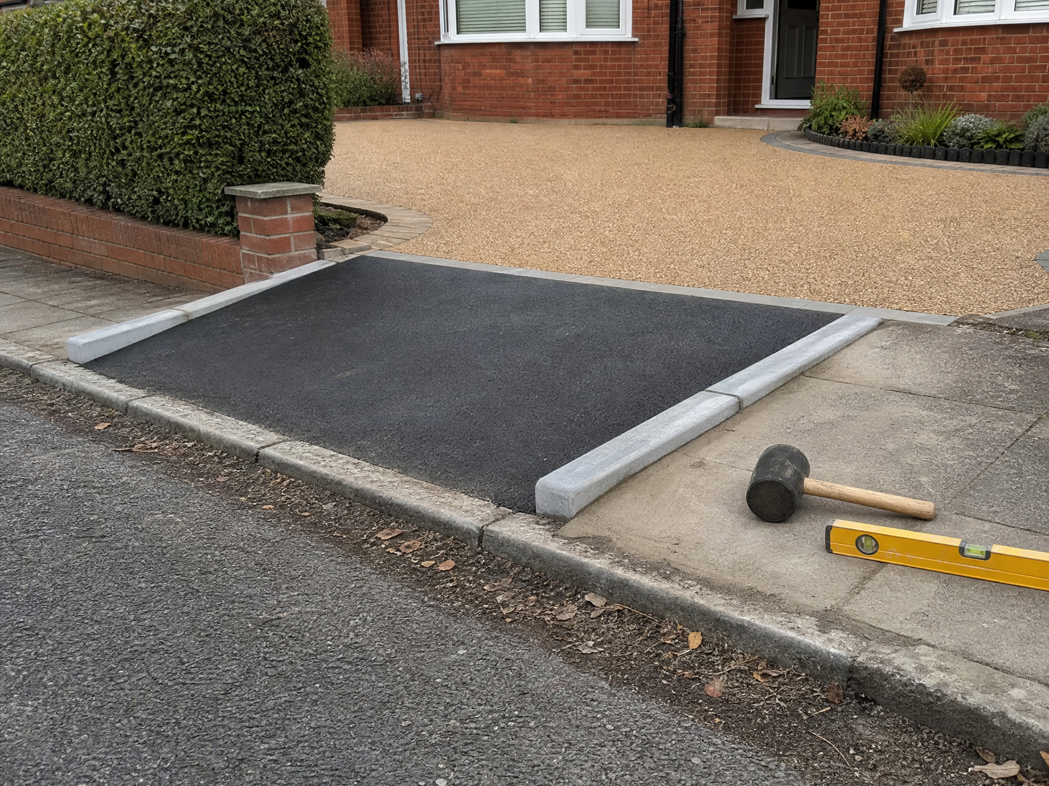 Newly lowered dropped kerb leading to a golden resin driveway outside a red-brick semi