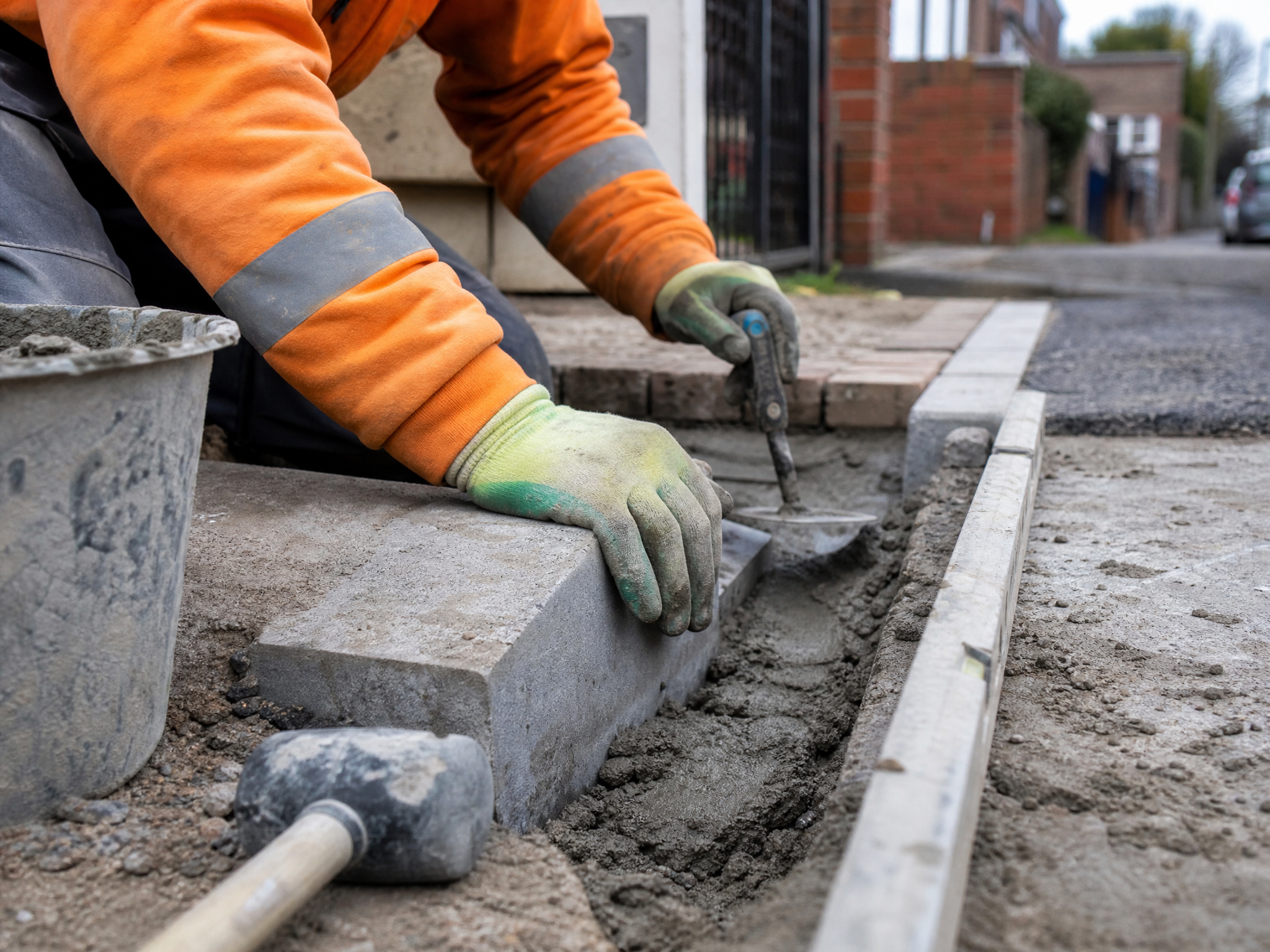 Professional installer carrying out dropped kerbs in a British residential property
