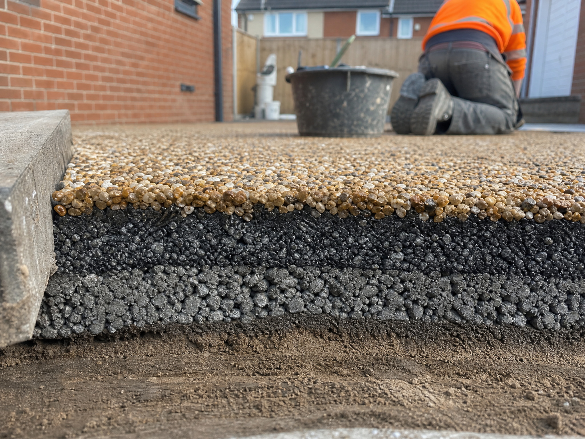 Close-up detail of materials and technique used in resin bonded driveways — showing quality
