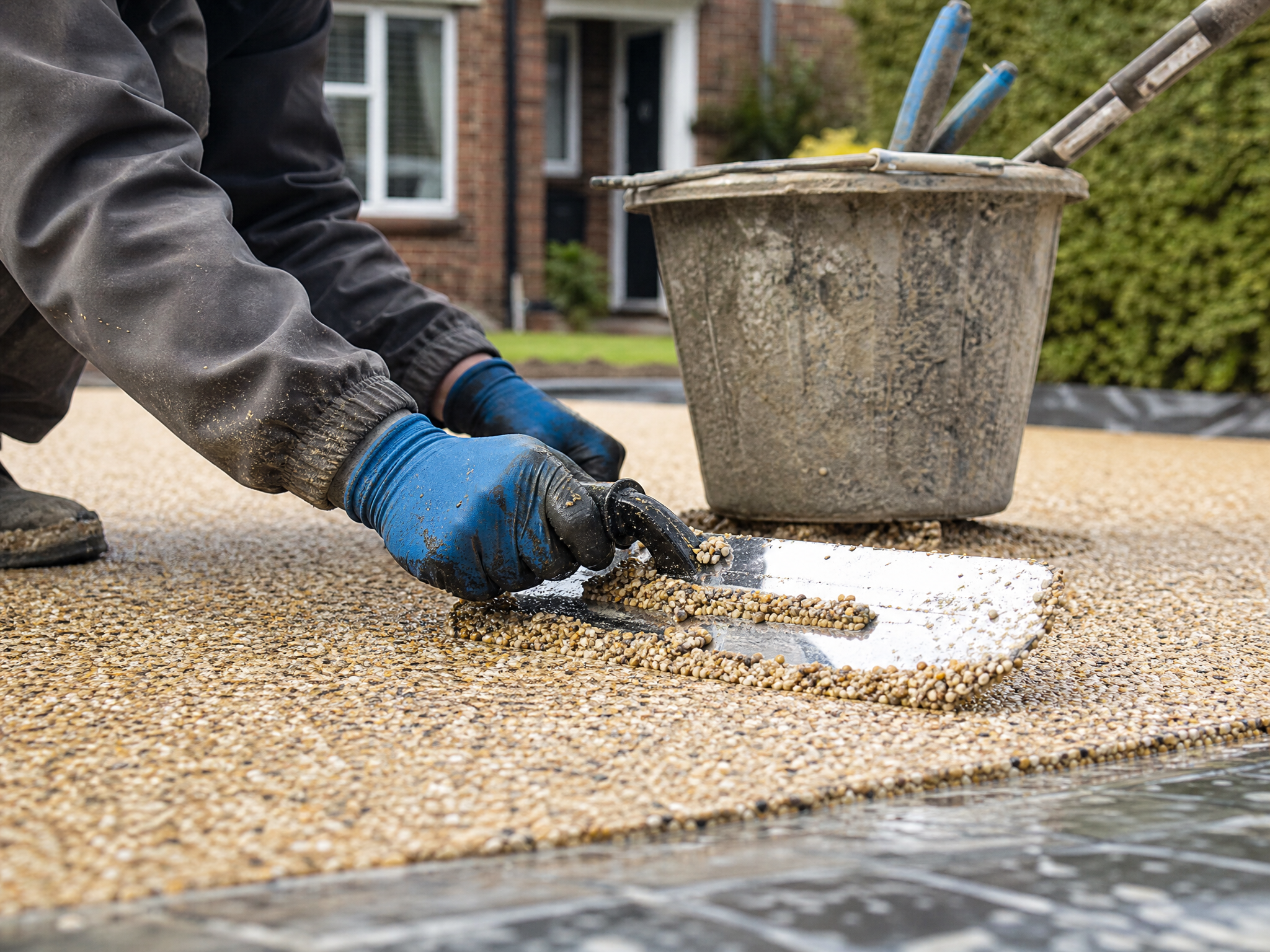 Professional installer carrying out resin bonded driveways in a British residential property