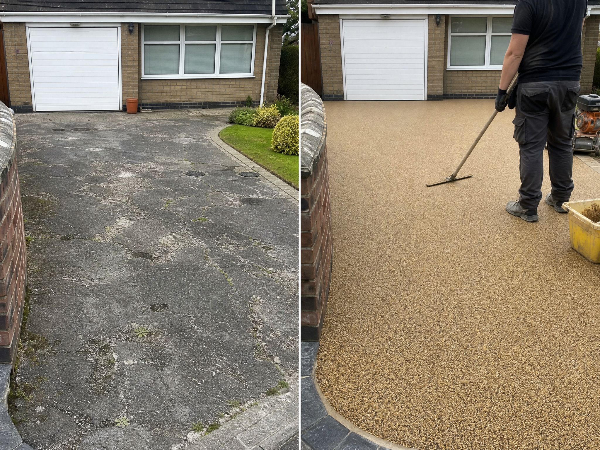 Before and after comparison showing the results of professional resin bonded driveways