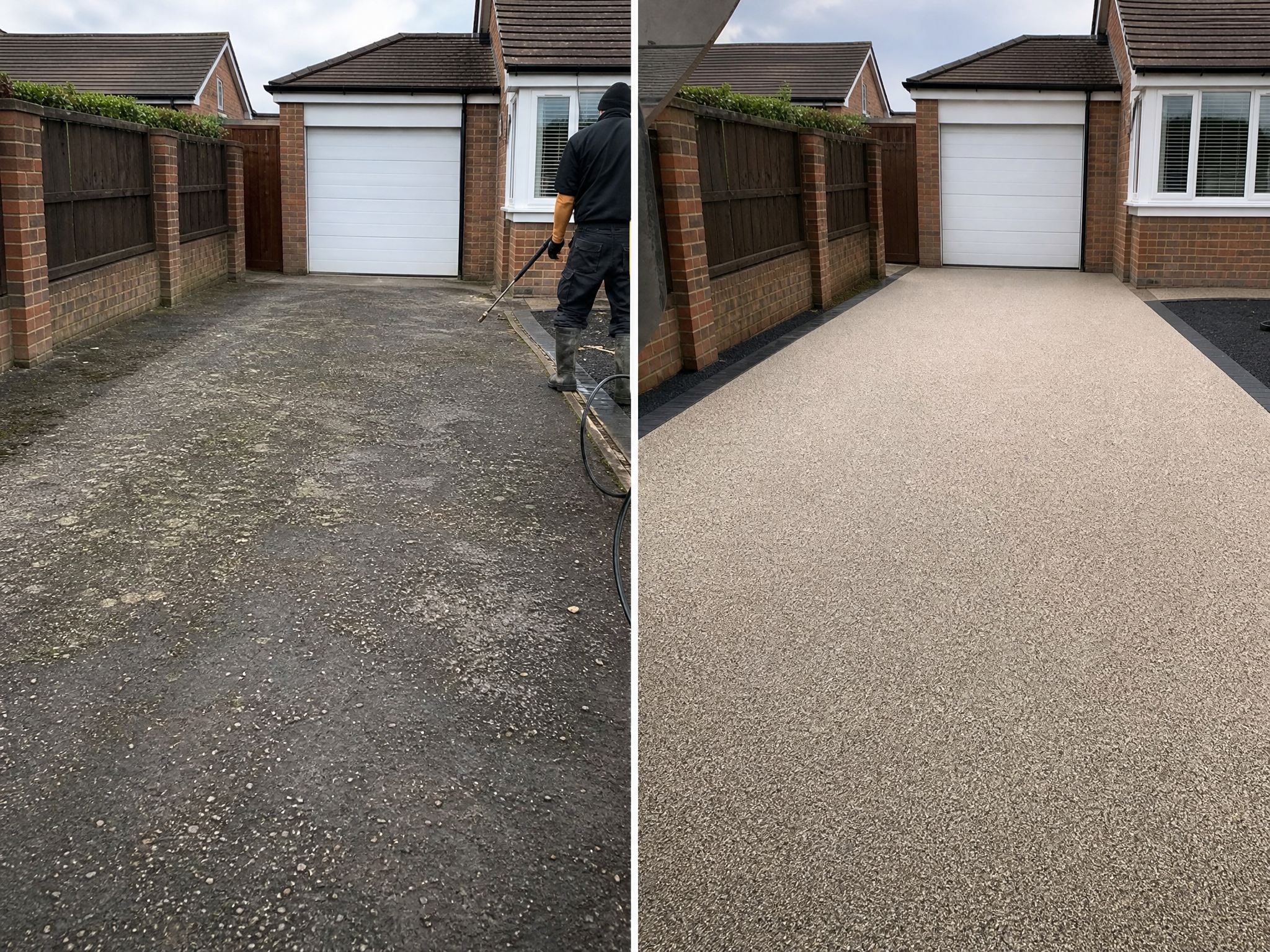 Before and after comparison showing the results of professional resin over tarmac & concrete